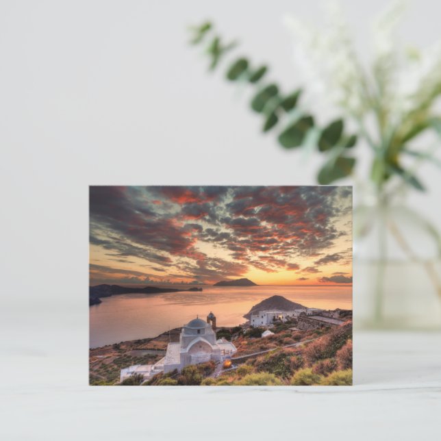 Der Sonnenuntergang vom Schloss Plaka in Milos Postkarte (Stehend Vorderseite)