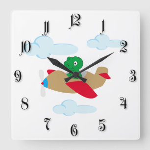 Der sonnige Dino mit dem Flugzeug Quadratische Wanduhr