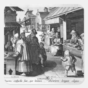 Der Spektakel-Verkäufer, graviert von Jan Collaert Quadratischer Aufkleber