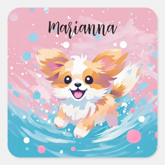 Der spielerische Papillon Pup: Splash of Pink and  Quadratischer Aufkleber (Vorderseite)