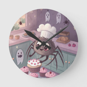 Der Spinne-Bäcker Kawaii-Halloween-Plakat Runde Wanduhr