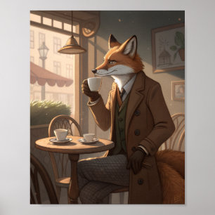 Der stilvolle Kaffee-Fuchs – Vintage-Tier-Humorkun Poster