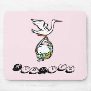 Der Storch trägt ein Baby Mädchen mit Hebamme Mousepad