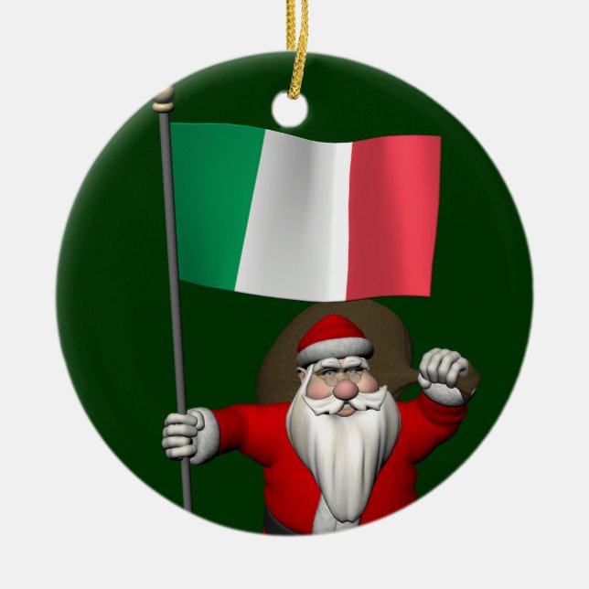 Der süße Weihnachtsmann mit der Flagge Italiens Keramik Ornament (Vorne)