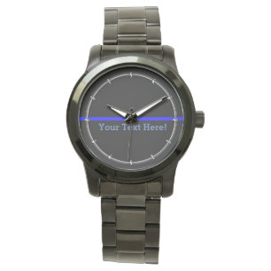 Der symbolische dünne blaue Text auf schwarz Armbanduhr