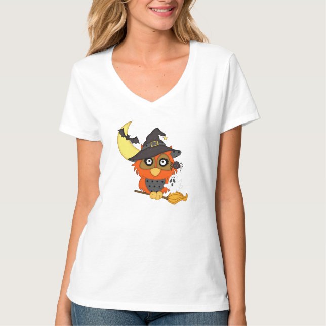 Der T - Shirt der Halloween-Eulen-Cartoon-Frauen (Vorderseite)