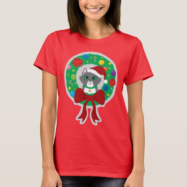 Der T - Shirt der Weihnachtswreath-Katzen-Frauen (Vorderseite)