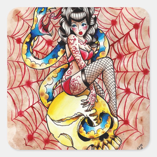 Der Tod wird ihr Button-Up Girl Tattoo Flash Quadratischer Aufkleber (Vorderseite)