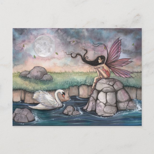Der Treffpunkt Fairy und Swan Fantasy Art Postkarte (Vorderseite)
