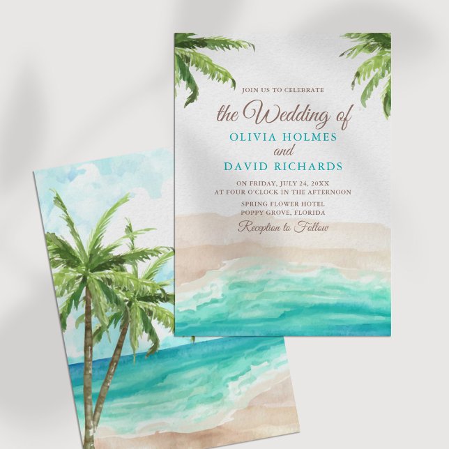 Der tropische Strand mit seinen Palmen und der Hoc Einladung (Watercolor Tropical Beach and Palm Trees Wedding Invitation on a white table.)
