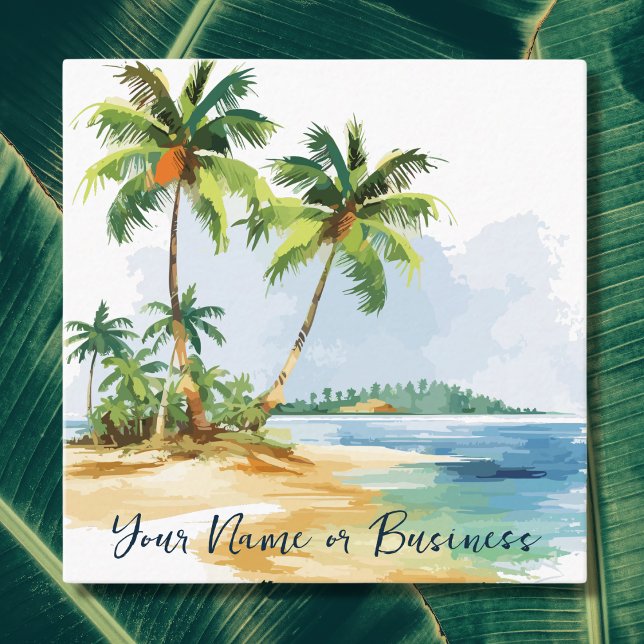 Der tropische Strand mit tropischen Palmen Quadratische Visitenkarte (Front - Watercolor Tropical Palm Trees Beach Square Business Card)
