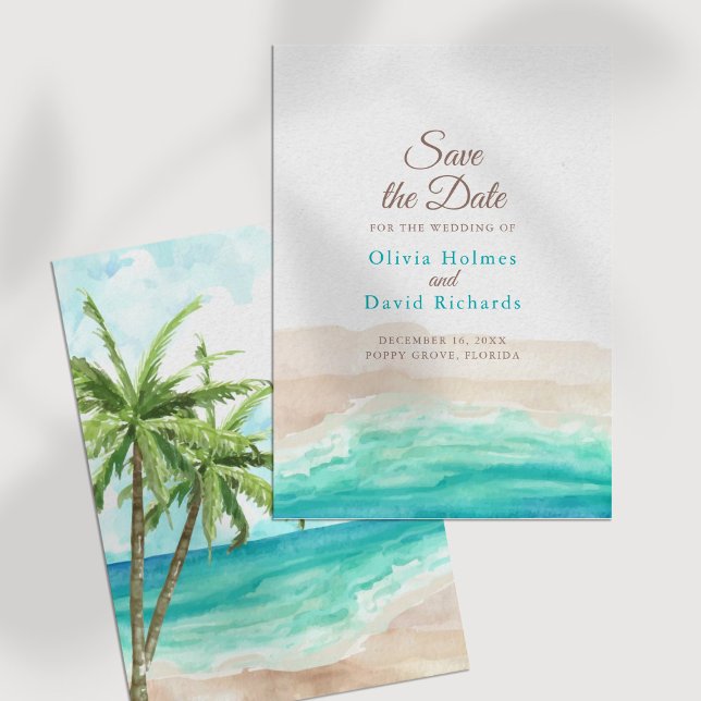 Der tropische Strand von Aquarell Save the Date (Watercolor Tropical Beach Save the Date on a white table.)