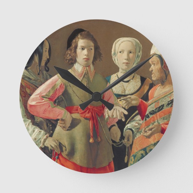 Der Vermögens-Erzähler, c.1630 (Öl auf Leinwand) Runde Wanduhr (Vorderseite)