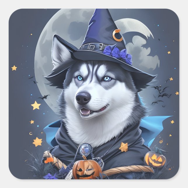 Der verzauberte Husky-Hund: Magische Halloween-Fre Quadratischer Aufkleber (Vorderseite)