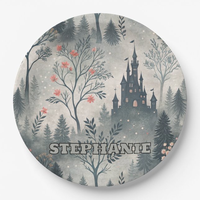 Der verzauberte Misty Forest mit dunklem Schloss - Pappteller (Vorderseite)
