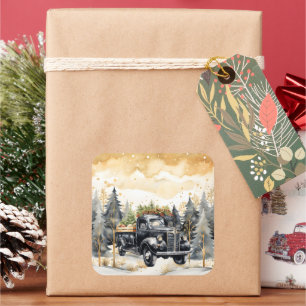 Der Vintage Black Truck gegen den Gold Sky Quadratischer Aufkleber