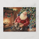 Der Vintage Weihnachtsmann schläft mit der Katze Feiertagspostkarte<br><div class="desc">Vintager Weihnachtsmann,  der mit der Katzenillustrierung schläft.</div>