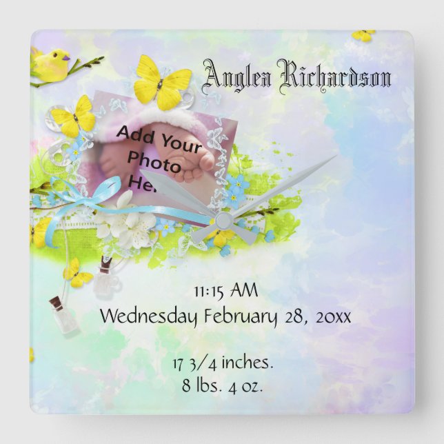 Der Vogel-und der Schmetterlings-Foto-Rahmen des Quadratische Wanduhr (Vorderseite)