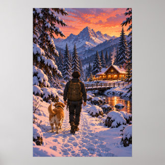 Der Wanderer in schneebedeckten Wäldern Poster
