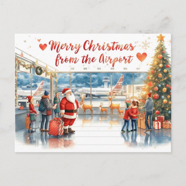 Der Weihnachtsmann am Flughafen Feiertagspostkarte (Vorderseite)