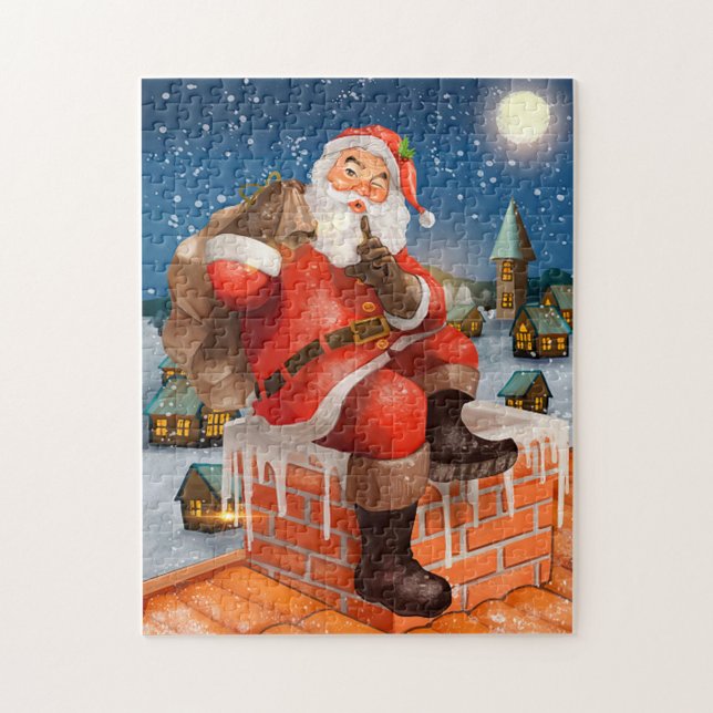 Der Weihnachtsmann auf dem Dach Puzzle (A cheerful Santa Claus sitting on a snowy rooftop, with a playful finger to his lips!)