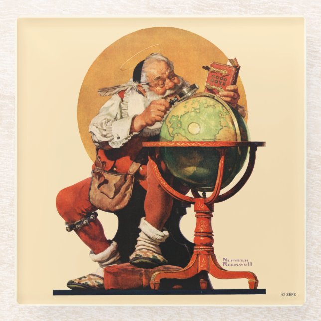 Der Weihnachtsmann auf dem Globus Glasuntersetzer (Vorderseite)