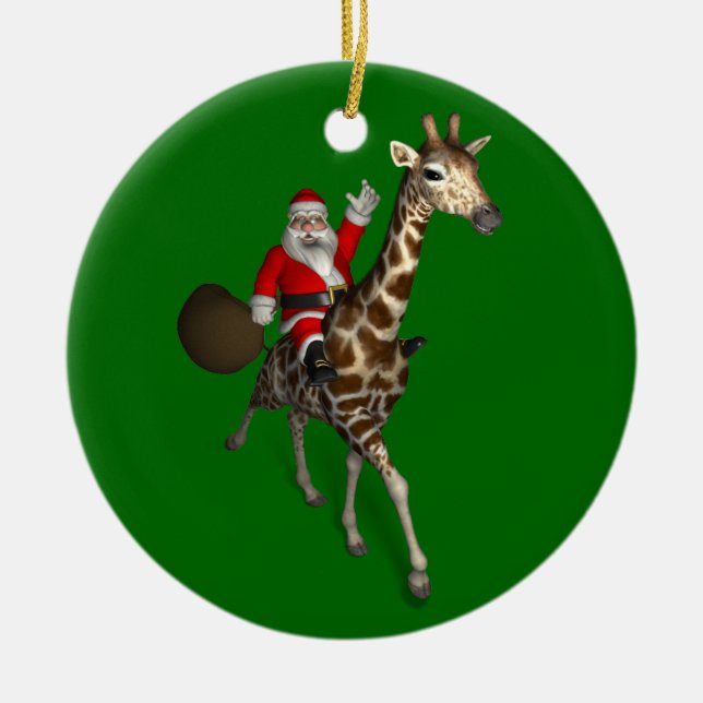 Der Weihnachtsmann auf Giraffe reiten Keramikornament (Vorne)