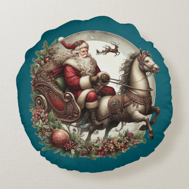 Der Weihnachtsmann auf Schlitten und Pferd Rundes Kissen (Rückseite)