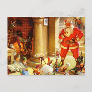 Der Weihnachtsmann beaufsichtigt seine Elfen, Keks Feiertagspostkarte