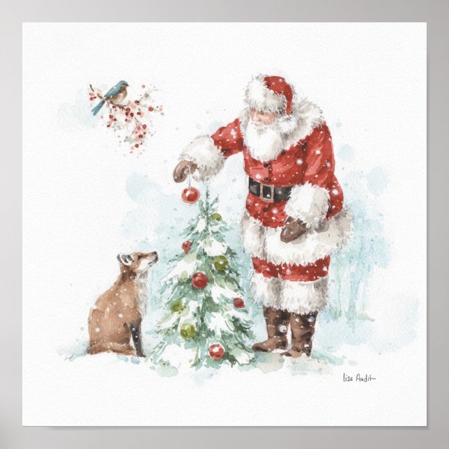 Der Weihnachtsmann dekoriert einen Baum mit seinem Poster (Vorne)