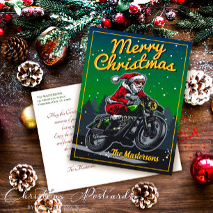 Der Weihnachtsmann fährt auf einem Motorrad Frohe Feiertagspostkarte