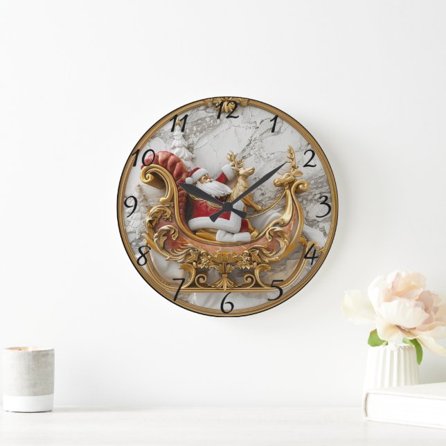 Der Weihnachtsmann fährt mit Rentieren auf Schlitt Große Wanduhr (Zuhause)