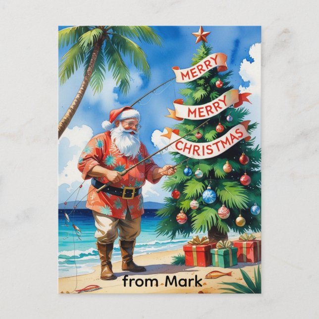 Der Weihnachtsmann fischt am Weihnachtsfeiertag Feiertagspostkarte (Vorderseite)