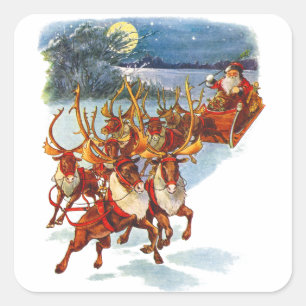 Der Weihnachtsmann fliegt mit seinem von Rentieren Quadratischer Aufkleber
