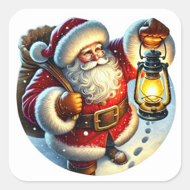 Der Weihnachtsmann geht in die Nacht durch Schnee Quadratischer Aufkleber (Vorderseite)