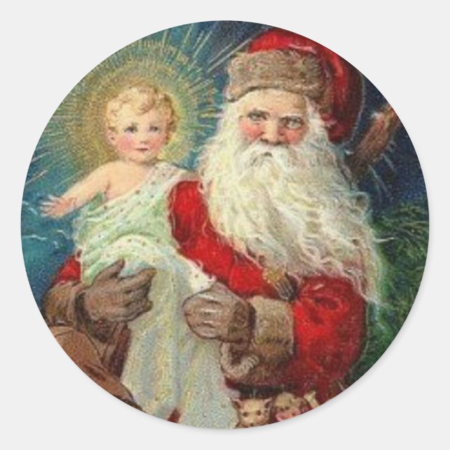 Der Weihnachtsmann hält das Baby Jesus Runder Aufkleber (Vorderseite)