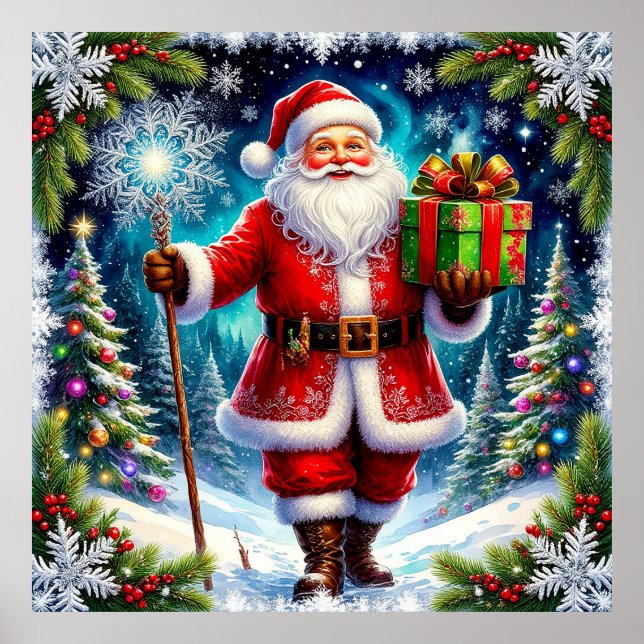 Der Weihnachtsmann hält ein Geschenk mitten im Lan Poster (Vorne)