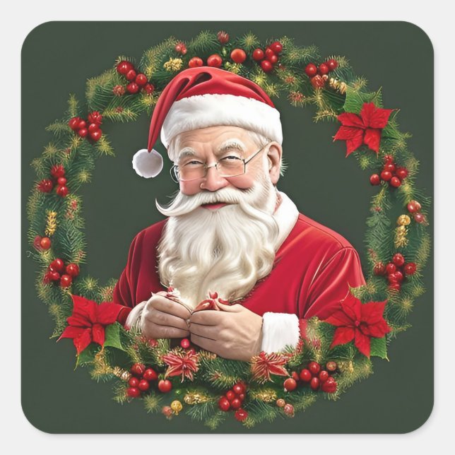 Der Weihnachtsmann im festlichen Kranz Quadratischer Aufkleber (Vorderseite)