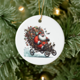Der Weihnachtsmann in einem alten Go-Kart Keramik Ornament