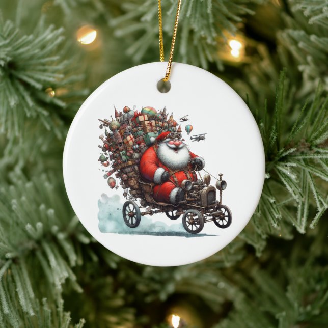 Der Weihnachtsmann in einem alten Go-Kart Keramik Ornament (Baum)