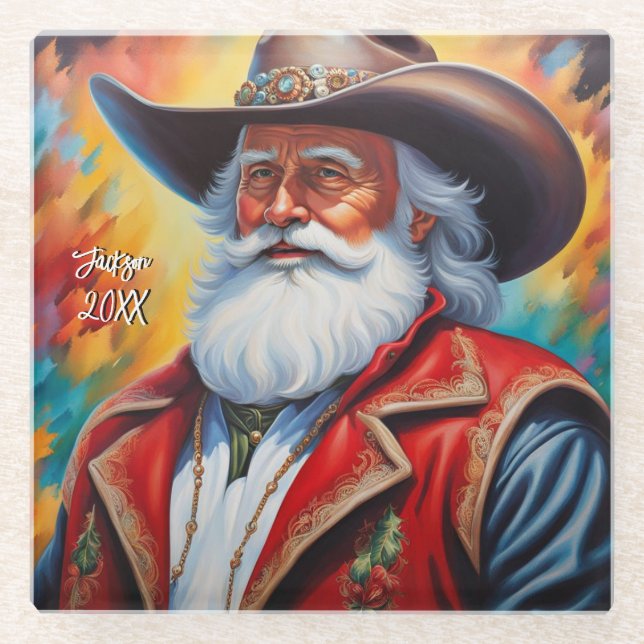 Der Weihnachtsmann in einem Cowboy hat Weihnachten Glasuntersetzer (Vorderseite)