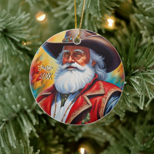Der Weihnachtsmann in einem Cowboy hat Weihnachten Keramik Ornament (Baum)