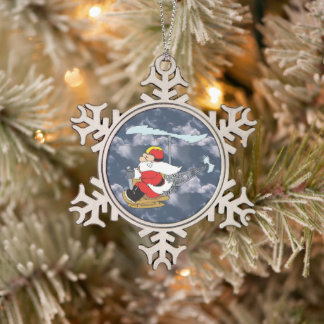 Der Weihnachtsmann in einem Hubschrauber Schneeflocken Zinn-Ornament