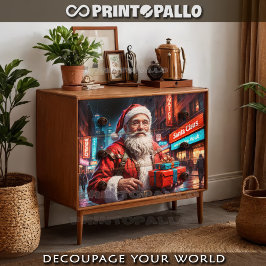 Der Weihnachtsmann in einer modernen Stadt bringt  Seidenpapier