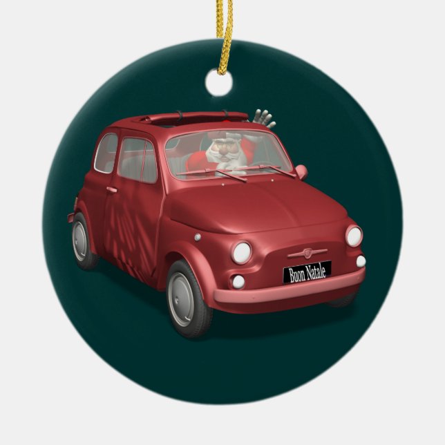 Der Weihnachtsmann in Fiat 500 Keramikornament (Vorne)