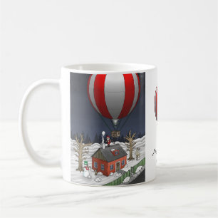 Der Weihnachtsmann ist mit einem Heißluftballon an Kaffeetasse
