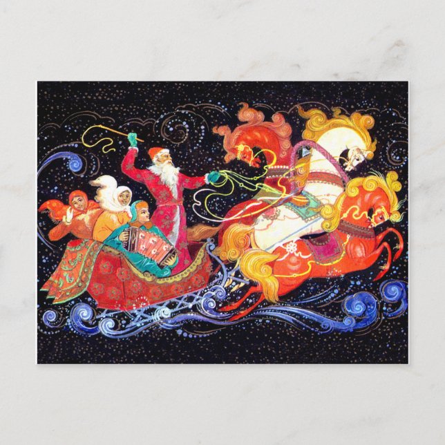 Der Weihnachtsmann kommt in drei Pferdeschenwagen, Postkarte (Vorderseite)