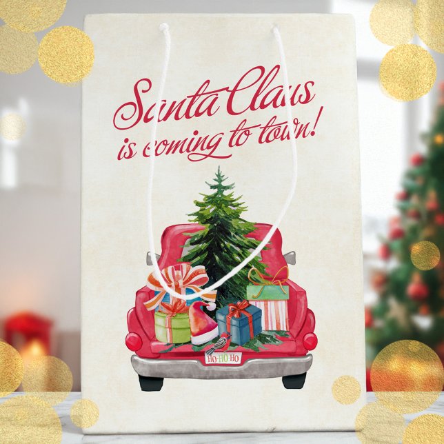 Der Weihnachtsmann kommt nach Town Red Truck Mittlere Geschenktüte (Santa Claus is Coming to Town Red Truck Medium Gift Bag)