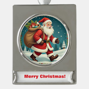 Der Weihnachtsmann liefert Geschenke durch den Sch Banner-Ornament Silber