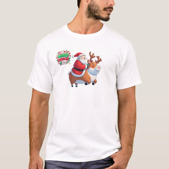 "Der Weihnachtsmann macht mit Rentier einen freudi T-Shirt (Vorderseite)